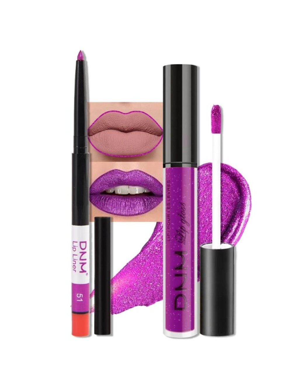 DNM 51# Purple Glitter 2Pcs 24H Long-Lasting Matte Liquid Lipstick and Lip Liner